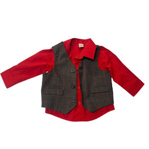 Baby Boys Vest & Shirt Outfit Size 12M Gray Plaid Red Formal Christmas Wedding